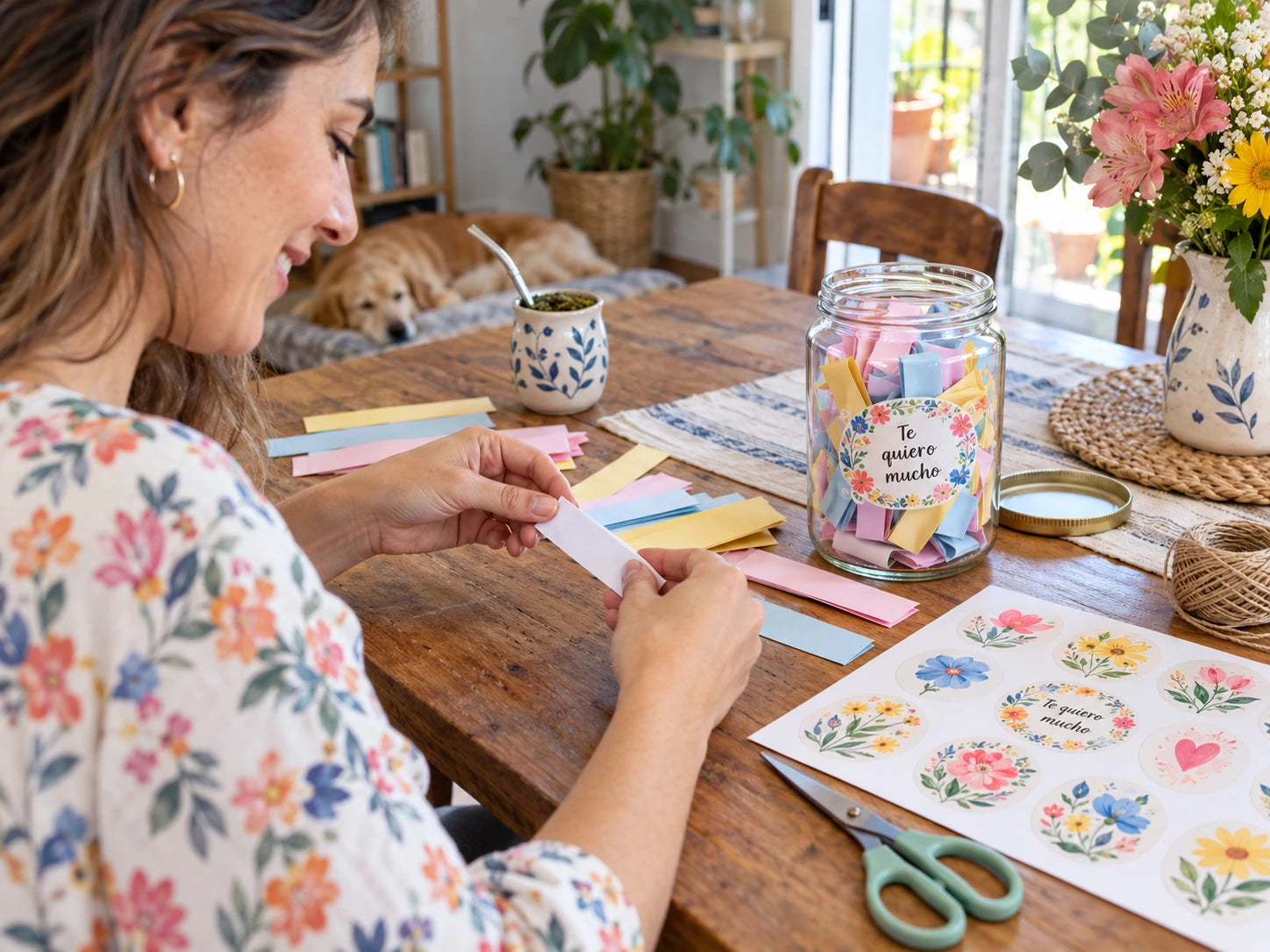 Ejemplo de una persona doblando tarjetas y preparando un frasco para regalar