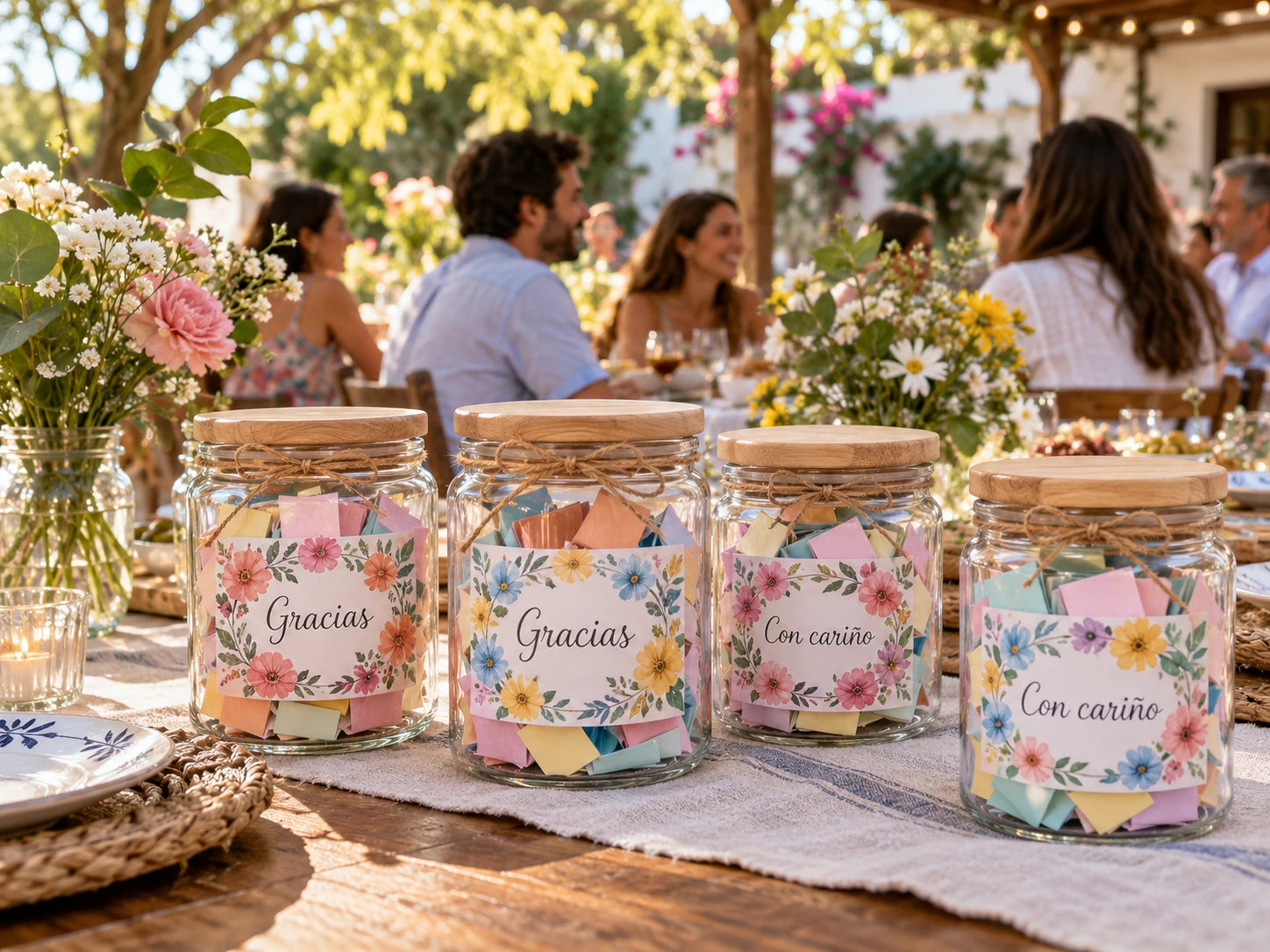 Ejemplo de frascos florales como souvenirs en un encuentro