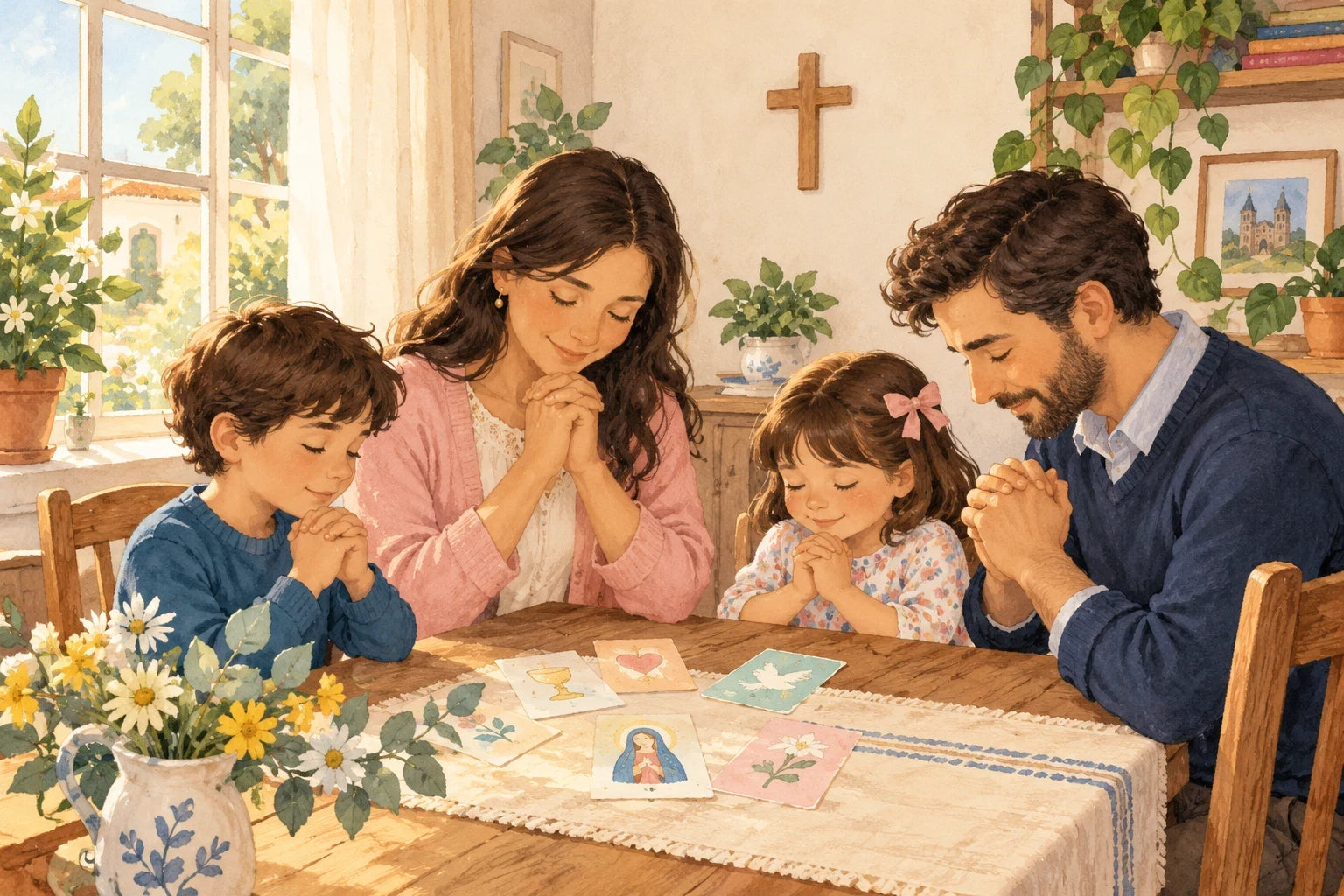 Ilustración de una familia con dos chicos compartiendo una oración alrededor de la mesa