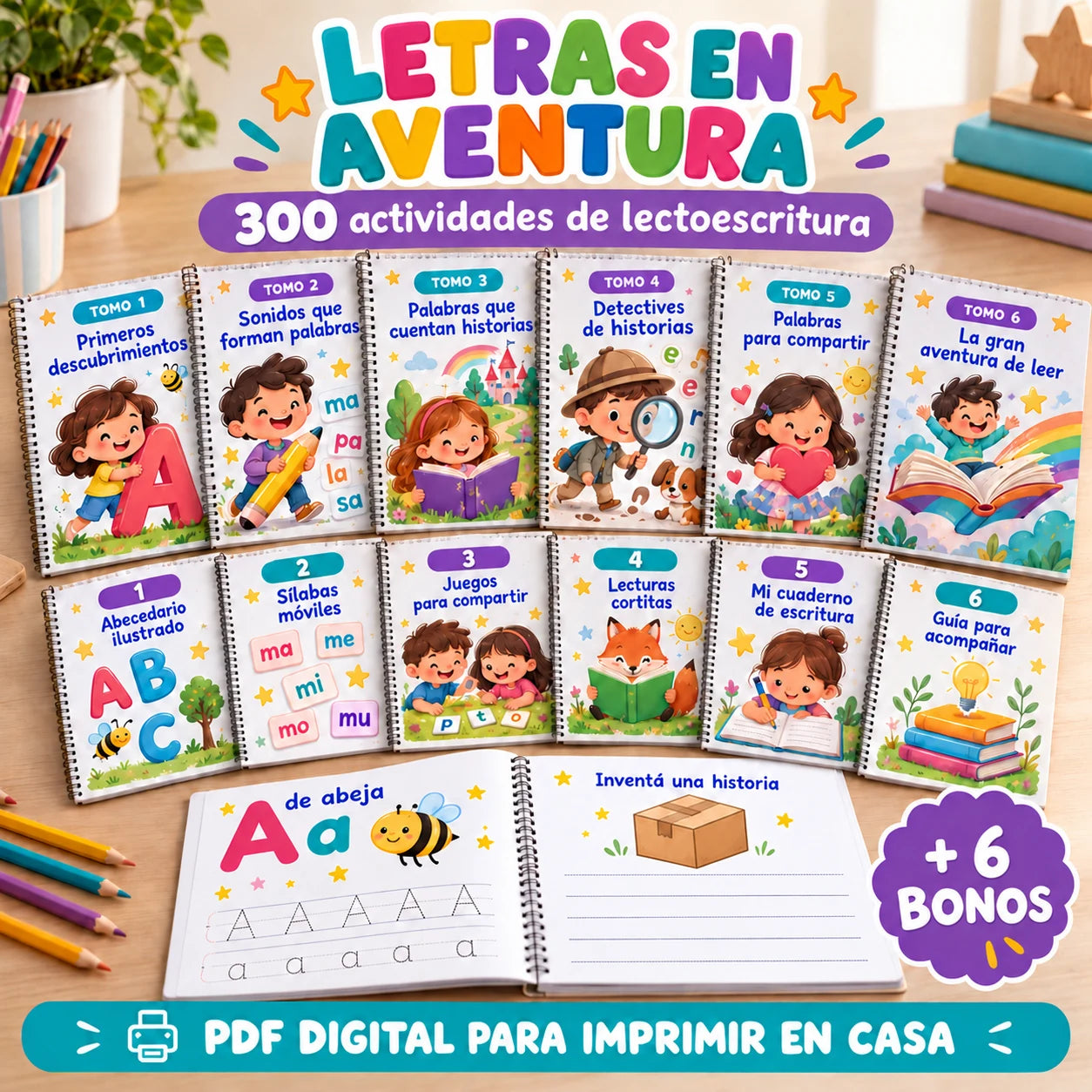 Presentación ilustrativa de los seis tomos y seis bonos de Letras en Aventura
