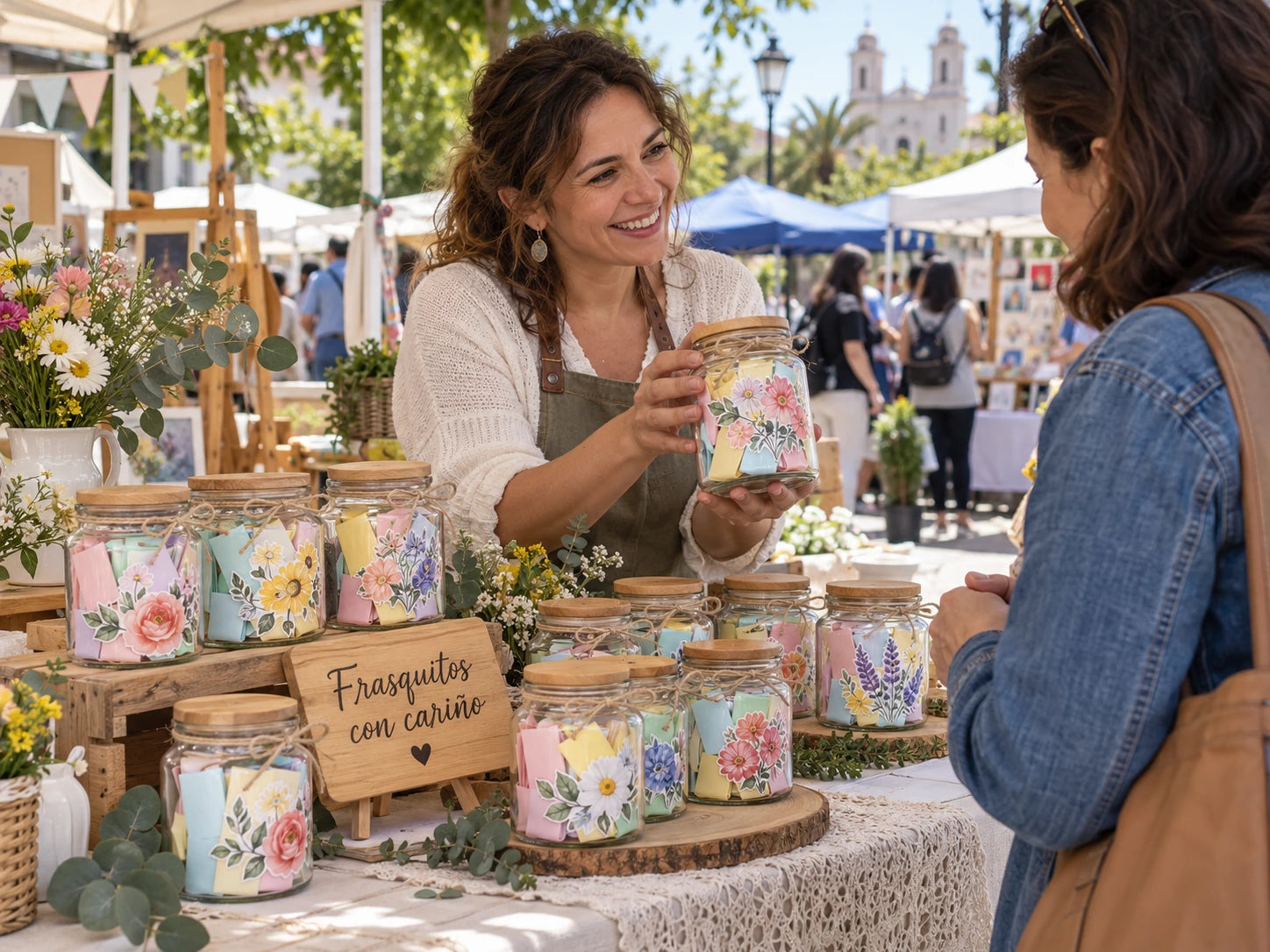 Ejemplo de frascos artesanales presentados en un puesto de feria