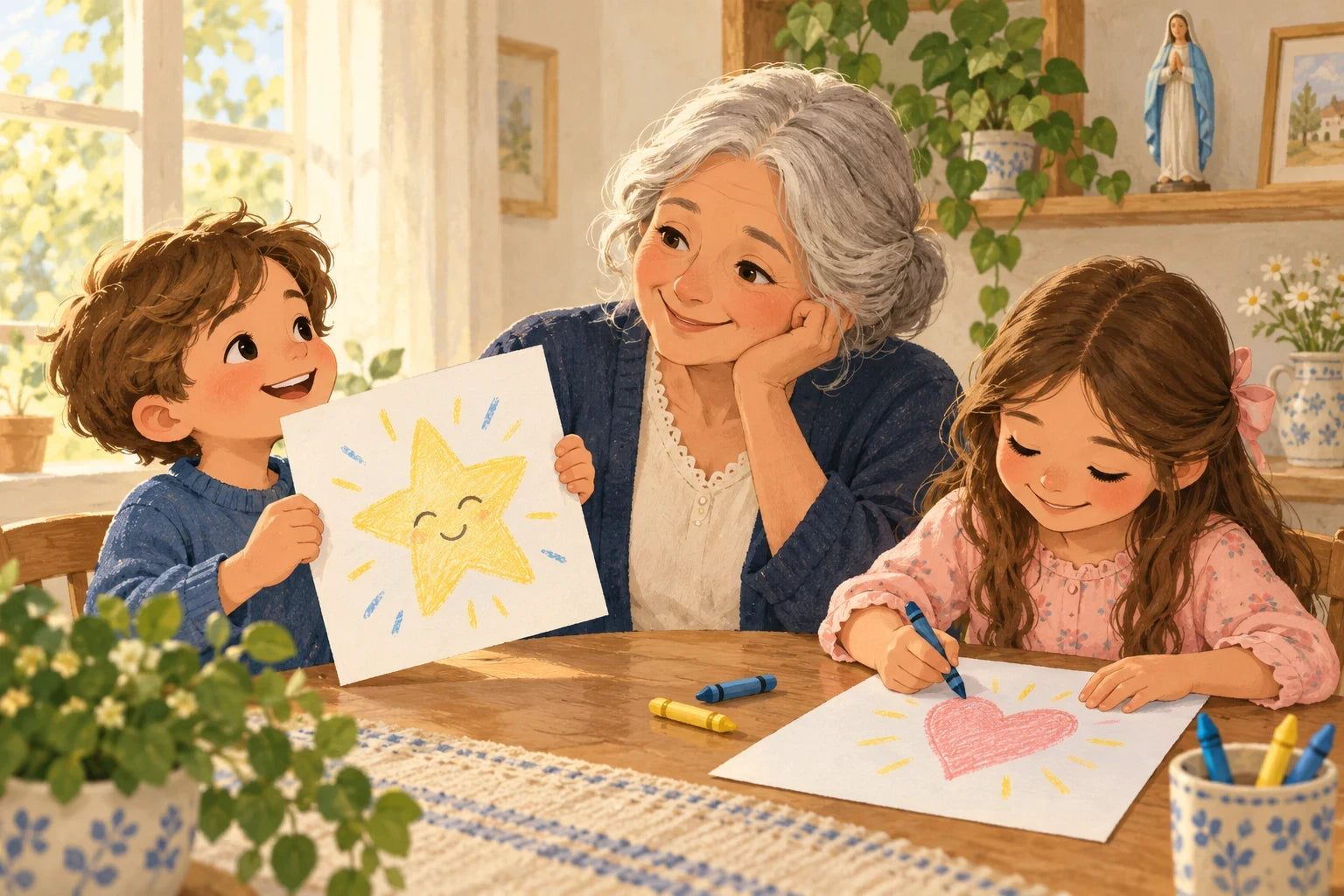 Ilustración de una abuela acompañando a dos chicos que dibujan una estrella y un corazón