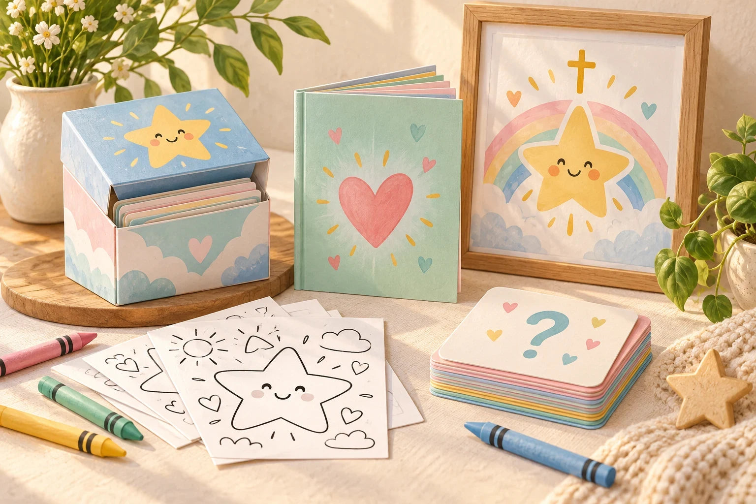 Presentación ilustrativa de una cajita de papel, diario, tarjetas para colorear, póster y juego de preguntas