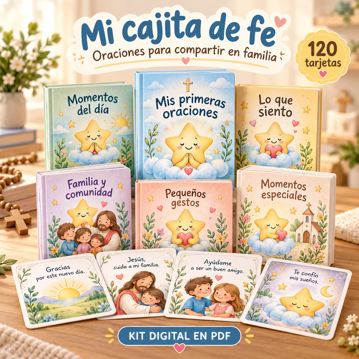 Presentación ilustrativa de Mi cajita de fe: cuadernillos y tarjetas para compartir en familia
