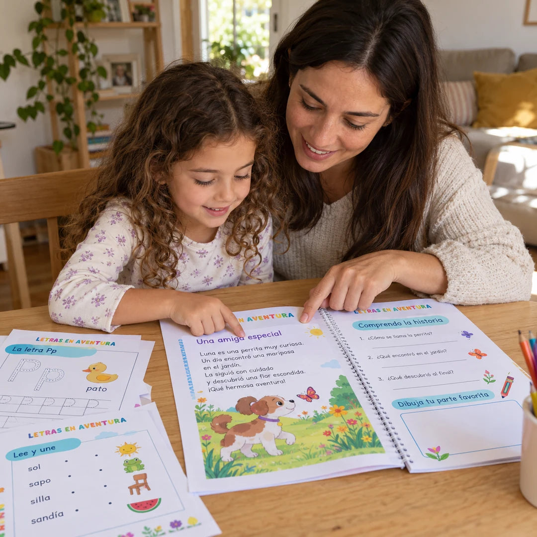 Una niña y su mamá comparten un cuaderno impreso.