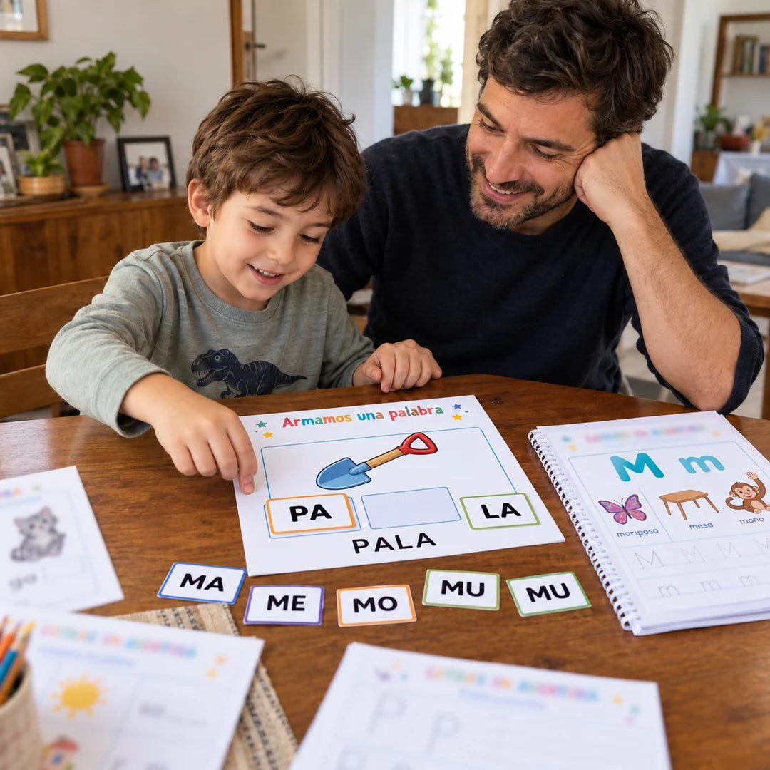 Un niño y su papá arman la palabra PALA.