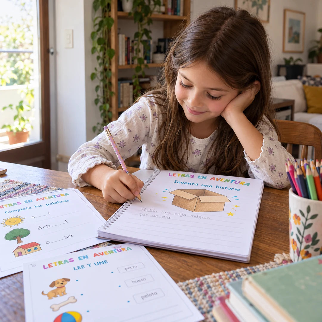 Una niña escribe en un cuaderno impreso.