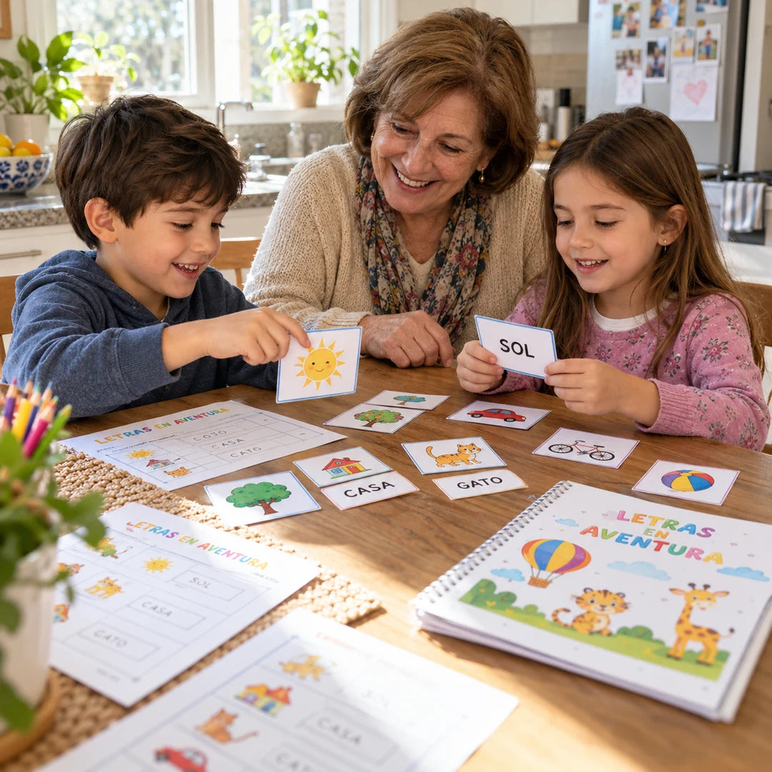 Dos chicos juegan con su abuela.